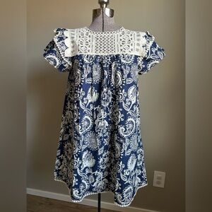 Umgee USA cotton Dress Navy White boho lagenlook cottagecore cottage paisley new